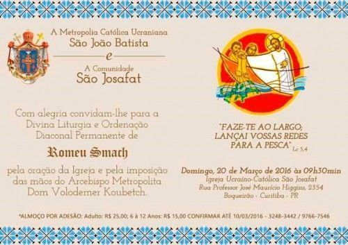Curitiba, Paraná (Brasil): Convite de ordenação de diácono do rito ucraniano católico 