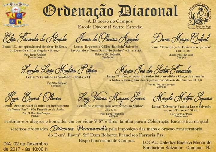 Convite de ordenações diaconais na diocese de Campos, RJ, Brasil