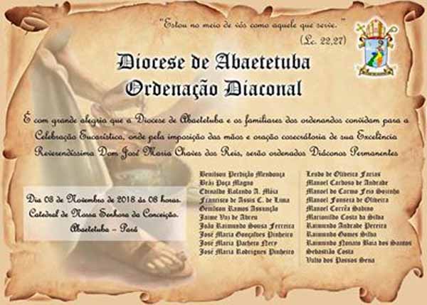 Convite de Ordenações Diaconais da Diocese de Abaetetuba, PA, Brasil