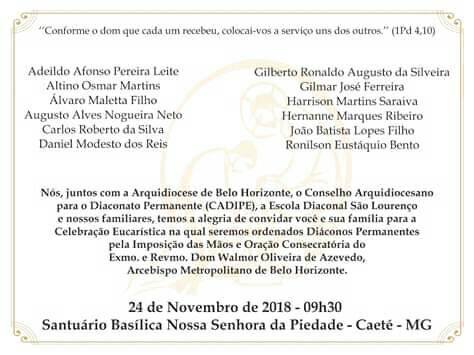 Convite de Ordenações Diaconais na Arquidiocese de Belo Horizonte