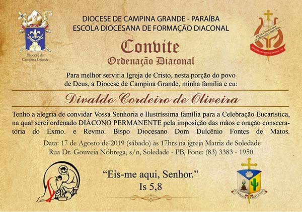 Convites para Ordenações Diaconais na Diocese de Campina Grande (PB), Brasil