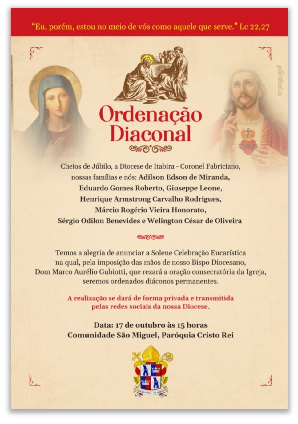 Novas Ordenações Diaconais na Diocese de Itabira – Coronel Fabriciano (MG, Brasil)