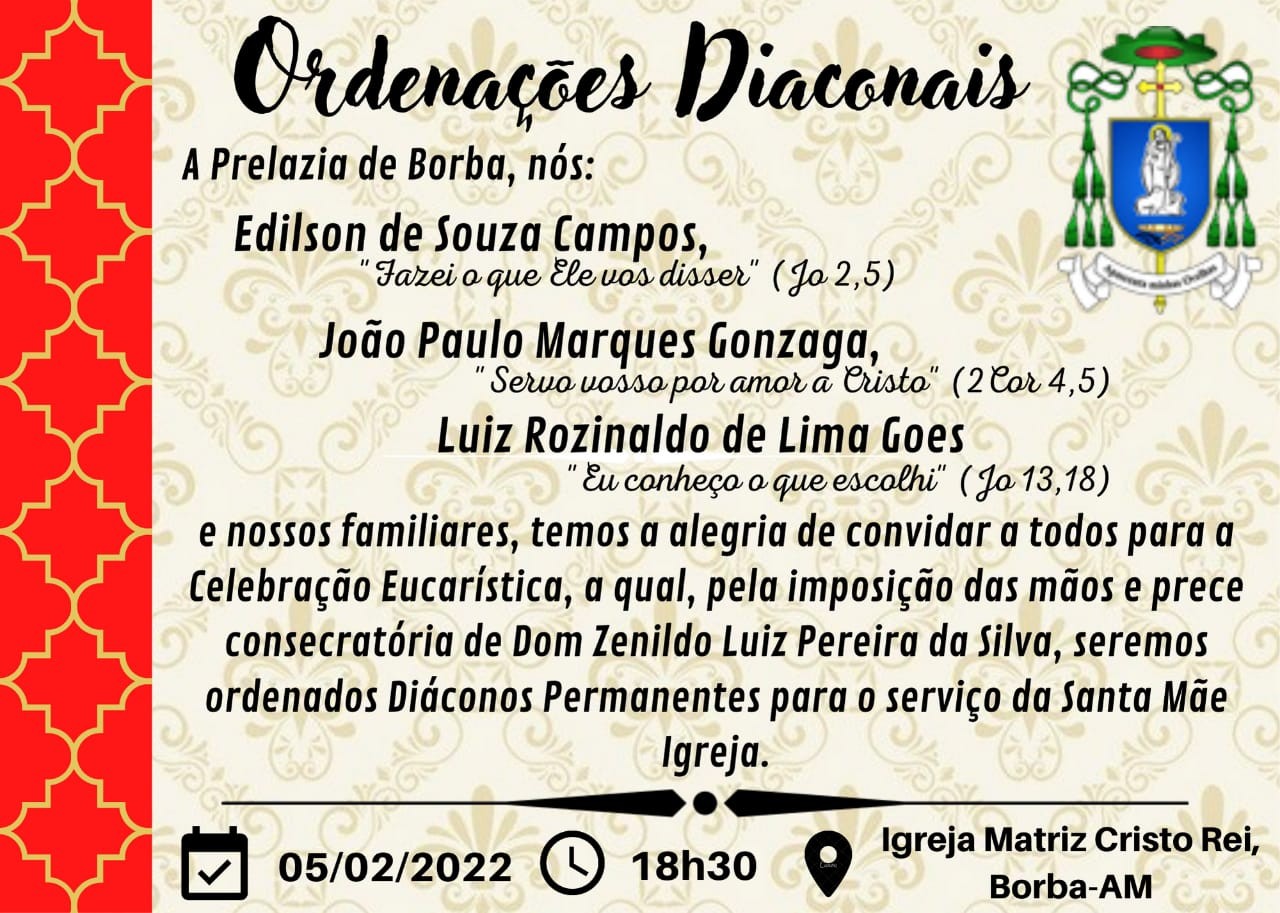 Convite da Prelazia de Borba (AM, Brasil) para Ordenações Diaconais
